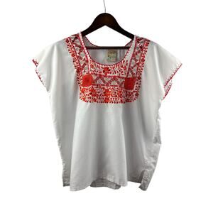 Women’s El Interior Large White Short Sleeve Blouse w/ Orange Embroidery